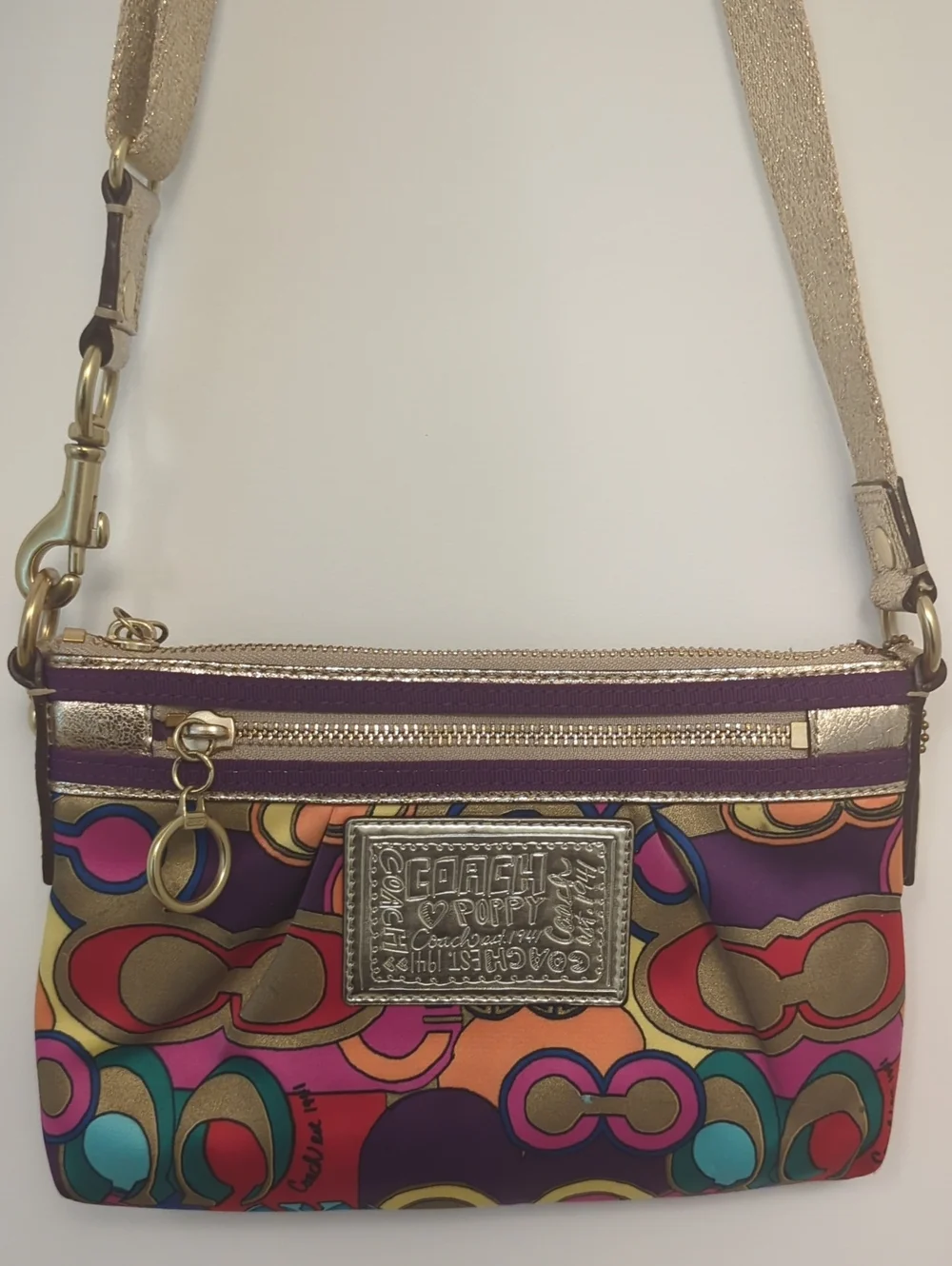 Coach Multicolor Purple & Gold Printed Crossbody Bag